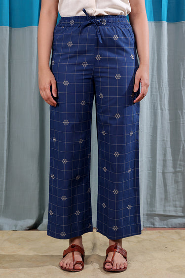 Dark Blue Checks Dobby South Cotton Women Flared Pant