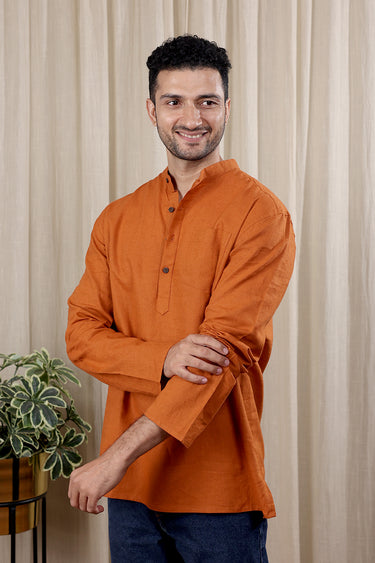 Umber Brown Hand Dyed Cotton Linen Men Short Kurta Full Sleeves MSKFS252C25