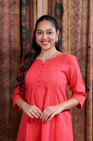 Light Coral Zari Buti South Cotton Women Ankle Kurta