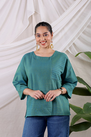 Aqua Blue Yarn Dyed Fine Cotton Flax Women Short Top