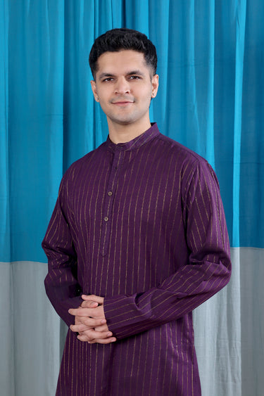 Dark Plum Stripes Zari South Cotton Men Long Kurta Full Sleeves MLKFS122512