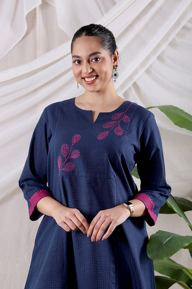 Navy Blue Hand Embroidery South Cotton Women Long Kurta