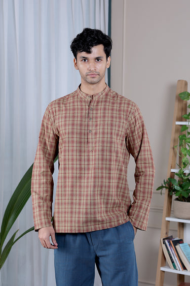 Dark Beige Checks South Cotton Men Short Kurta