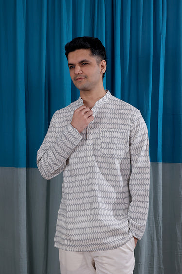 Steel Grey Sanganeri Natural Cotton Linen Men Short Kurta