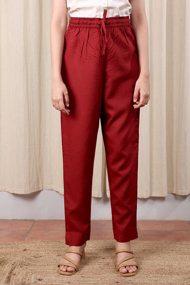 Maroon Hand Dyed Lyocell Linen Women Ankle Pant WAKPT252C16