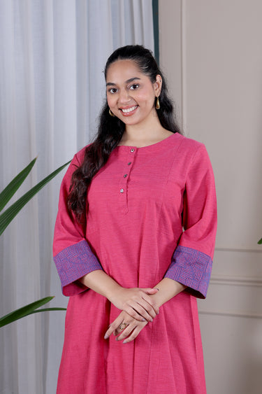 Rose Pink Hand Embroidery Fine Cotton Women Long Kurta