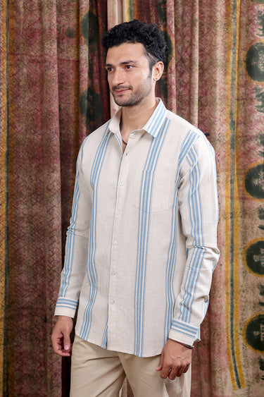 Blue Stripes Cotton Linen Men Shirt Full Sleeves MSHFS252C10
