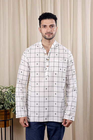 Off White Checks Buta South Cotton Men Short Kurta Full Sleeves MSKFS252C55