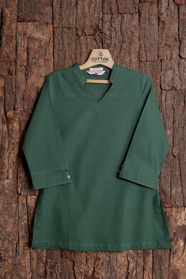Forest Green Dyed Natural Cotton Linen Women Kurti
