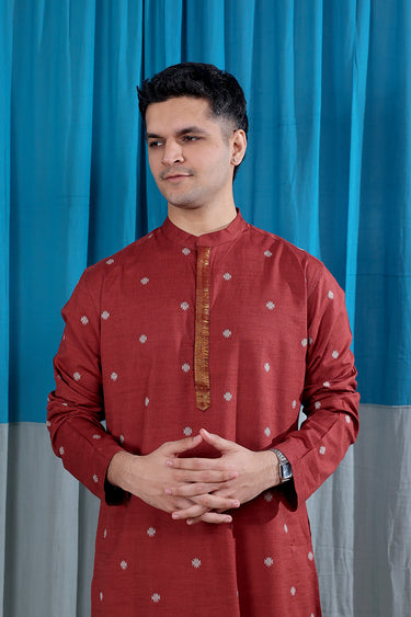 Brick Red Zari Dobby South Cotton Men Long Kurta