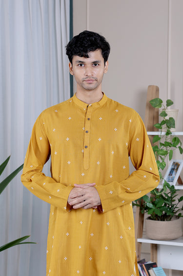 Mustard Yellow Dobby South Cotton Men Long Kurta
