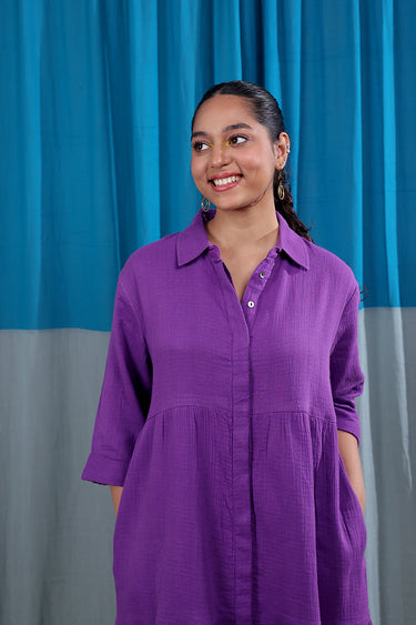 Dark Purple Dyed Cotton Double Cloth Women Midi Dress