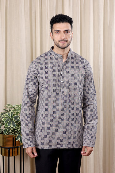 Grey Sanganeri Amber Cotton Men Short Kurta Full Sleeves MSKFS252C35
