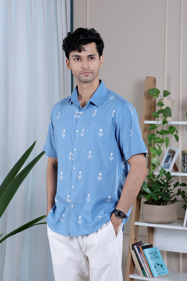 Denim Blue Sanganeri Cotton Dobby Men Shirt