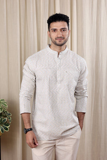 Beige Sanganeri Cotton Flax Men Short Kurta Full Sleeves MSKFS252C4