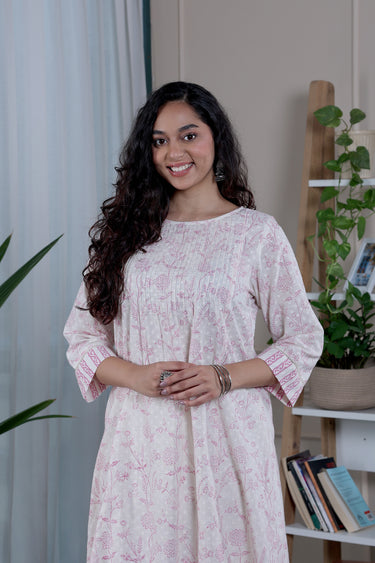 Rose Pink Sanganeri Cotton Dobby Women Long Kurta
