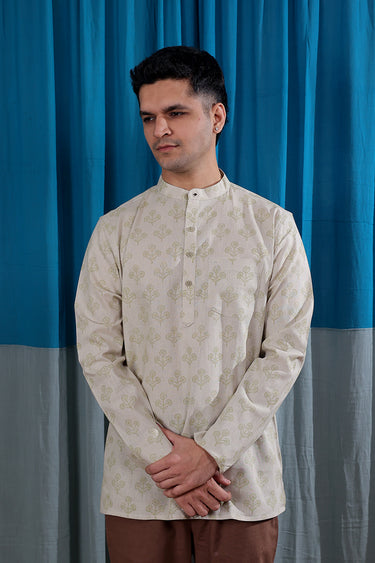 Rock Beige Sanganeri Natural cotton Linen Men Short Kurta