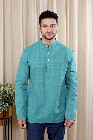 Sea Green Stripes South Cotton Men Short Kurta Full Sleeves MSKFS252C38