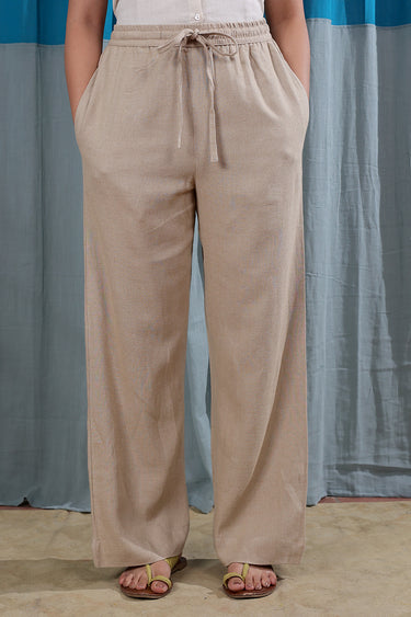 Beige Dyed Viscose Linen Women Wide Leg Pant WWLPT253C3
