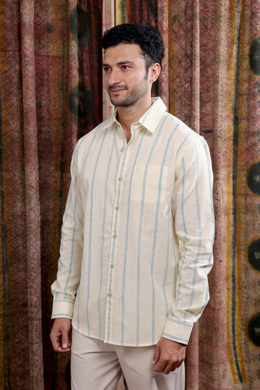 Blue Beige Stripes Cotton Linen Men Shirt Full Sleeves MSHFS253C3