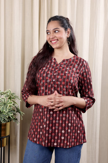 Brick Red Dhabu Cotton Checks Women Kurti Long Sleeves WKILS252C69