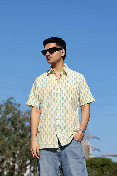 Pastel Yellow Sanganeri Natural Cotton Linen Men Shirt