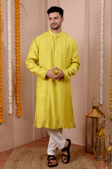 Olive Mukaish Work Silk Viscose Slub Men Long Kurta Full Sleeves MLKFS252C42