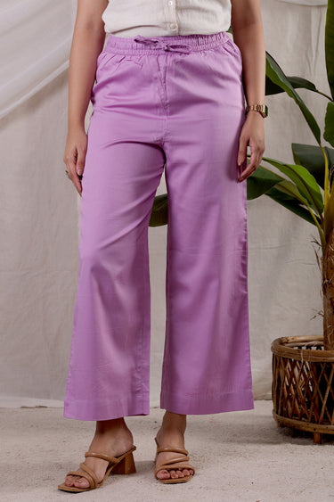 Mauve Dyed Cotton Satin Women Flared Pant