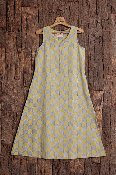 Mustard Sanganeri Natural Cotton Linen Women Midi Dress