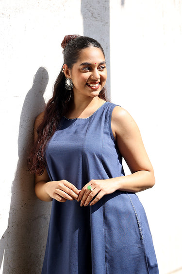 Navy Blue Hand Dyed Cotton Viscose Blend Women Midi Dress Sleeveless WDRSL253C7