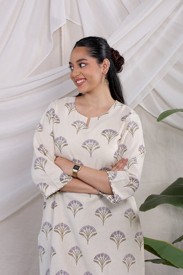 Brown Purple Sanganeri Natural Cotton Linen Women Long Kurta