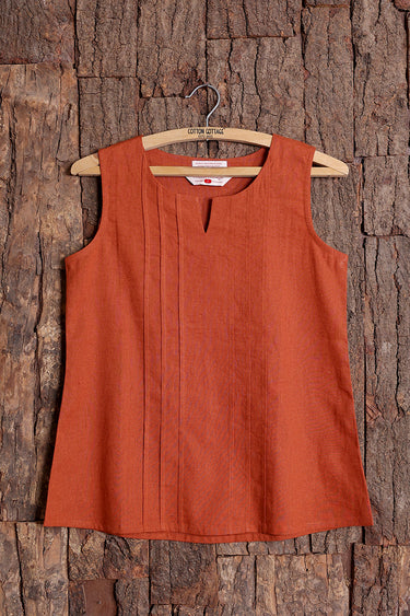 Burnt Brown Dyed Classic Cotton Linen Women Short Top Sleeveless WSTSL012613