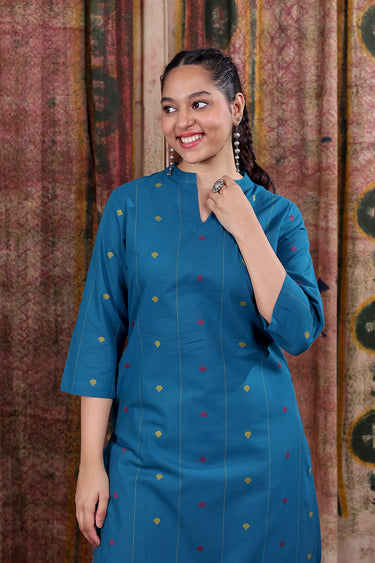 Teal Blue Dobby Buti South Cotton Women Long Kurta