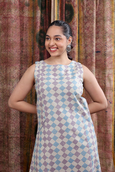 Purple Blue Sanganeri Cotton Linen Women Midi Dress Sleeveless WDRSL253C18