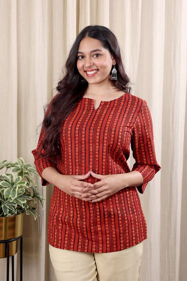 Rust Dhabu Cotton Women Kurti Long Sleeves WKILS253C21