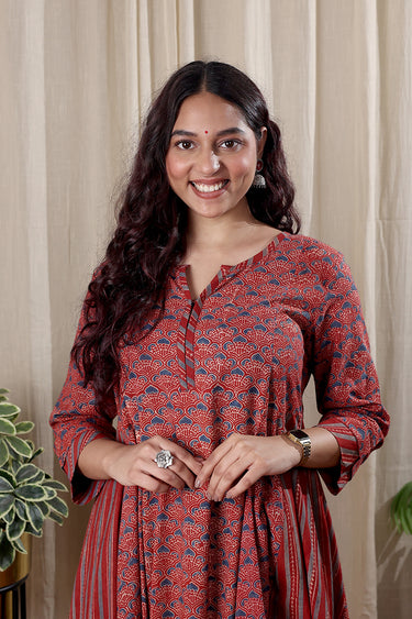 Rust Ajrakh Cotton Modal Women Ankle Kurta Long Sleeves WAKLS252C12