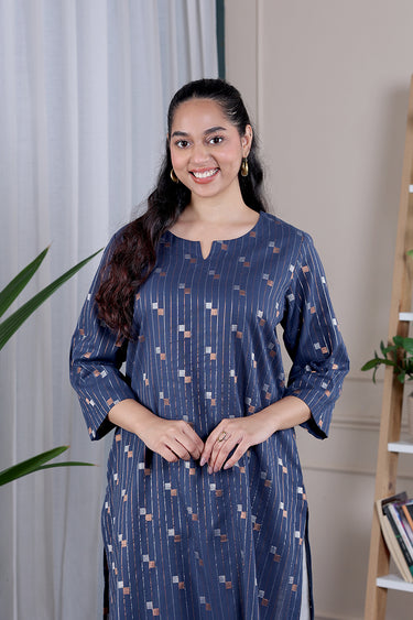 Midnight Blue Stripes Dobby South Cotton Women Long Kurta