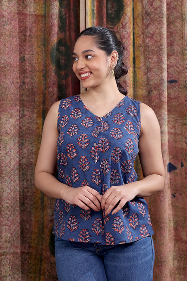 Indigo Dhabu Cotton Women Short Top Sleeveless WSTSL253C16