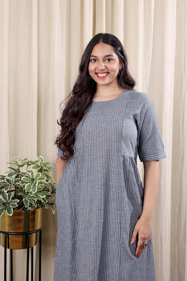 Navy Blue Stripes Cotton Flax Women Midi Dress Long Sleeves WDRLS252C28