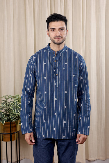 Deep Blue Dobby Stripes South Cotton Men Short Kurta Full Sleeves MSKFS252C50