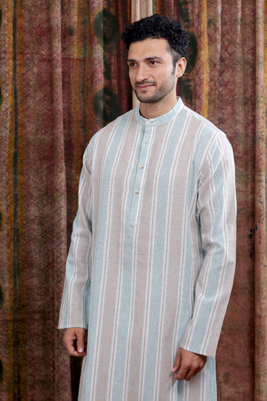 Blue Grey Stripes Cotton Linen Men Long Kurta Full Sleeves MLKFS253C32