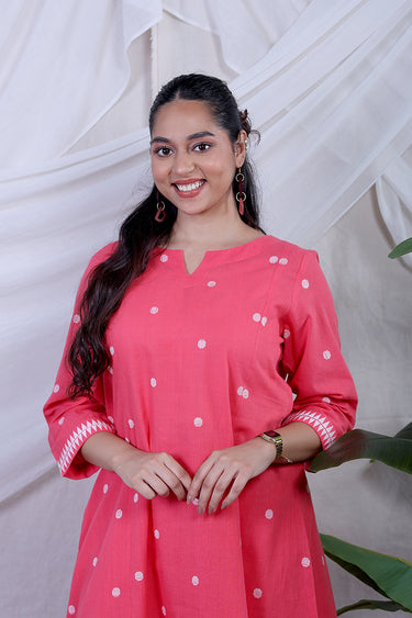 Coral Red Dobby South Cotton Women Long Kurta