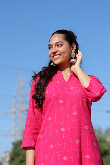 Bright Pink Checks Dobby South Cotton Women Long Kurta