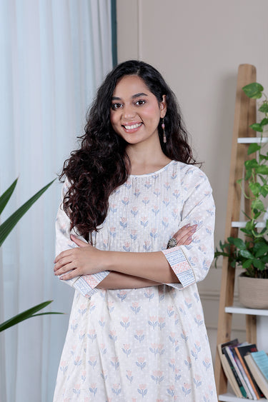 Pastel Peach Sanganeri Cotton Dobby Women Long Kurta