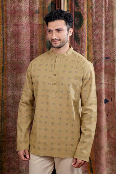 Mud Brown Sanganeri Cotton Linen Men Short Kurta Full Sleeves MSKFS252C65