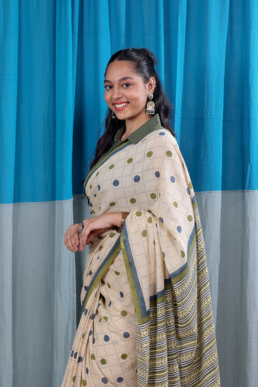 Teal Green Sanganeri Cotton Malmal Dobby Saree