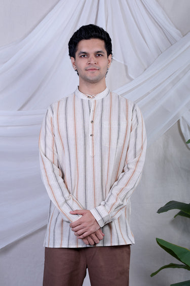 Grey Brown Stripes Natural Cotton Linen Men Short Kurta