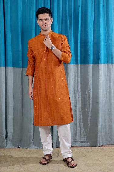Rust Zari Stripes Buti South Cotton Men Long Kurta