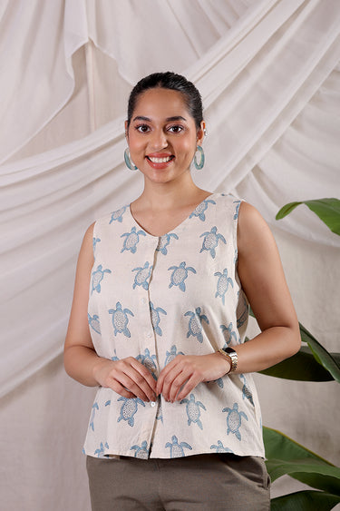 Lucy Sky Blue Sanganeri Natural Cotton Linen Women Short Top