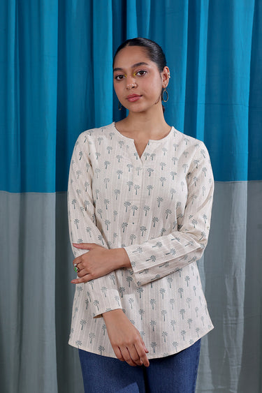 Teal Blue Sanganeri Natural Cotton Linen Women Kurti